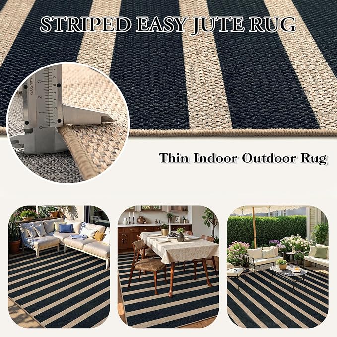 Lahome Striped Easy Jute 6x9 Area Rugs, Outdoor Patio Rug Washable Black | Porch Living Room Rug, Modern Farmhouse Neutral Non Slip Stain Resistance Indoor Carpet for Office Deck Classroom Dining Room