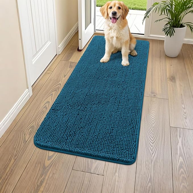 Smiry Dog Door Mat for Muddy Paws 47x20, Absorbent Dirt Trapper, Non-Slip Washable Chenille Entryway Rug for Inside Floor, Atlantic Blue, Classic Solid