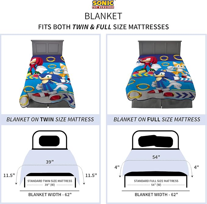Franco Kids Bedding Super Soft Plush Micro Raschel Blanket, 62 in x 90 in, Sonic The Hedgehog