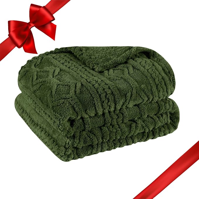 Superior Fleece Boho Jacquard Blanket, Decorative Blankets for Bedroom, Sofa, Fuzzy, Plush, Fluffy, Soft, Cute Room Decor, Beautiful Cover, Comfort Essentials, Arctic Collection, Throw, Green