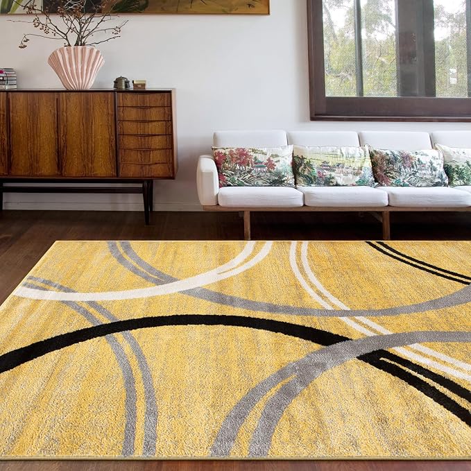 Rugshop Wavy Circles Jute Backing Living Room Area Rug Yellow 7'10" x 10'2" | Rectangular, Size 7'10" x 10'2", Bedroom, Dining Room, Home Office, Kitchen, Entryway, Hallway, Nursery, Kids Room, Bedside