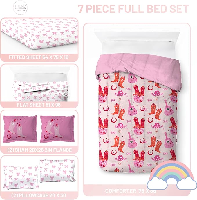 Trend Collector Cowgirl Full Comforter Set 7 Piece Kids Bedding, Pink | Bed in a Bag, Comforter Sheets Shams Pillowcases, Soft Microfiber, Machine Washable Easy Care, Girls Gift