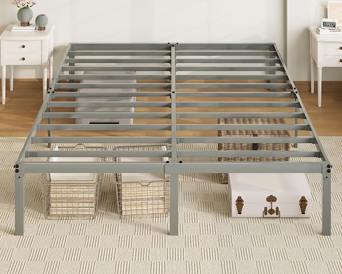 Allewie Full Size Bed Frame, 14 inch Metal Beds with Storage Space, Grey | Heavy-Duty Metal Platform Beds, Large Under-Bed Storage Space, No Box Spring Needed, Easy Assembly