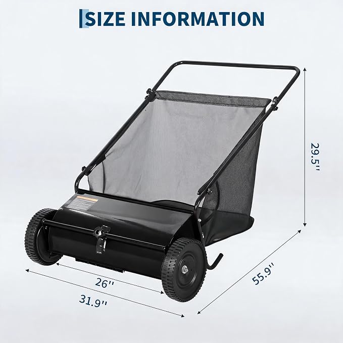 Heavy Duty 26-Inch Push Lawn Sweeper – 4 Fast Spinning Brushes | Height Adjustable, Durable Steel Frame, 7 Cu. Ft. lawn mower, Reduced Plastic Wheels