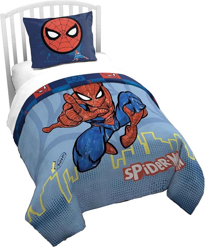Jay Franco Kids Duvet Cover Set – 2 Piece Super Soft Bedding with Sham Pillowcase, Cover ONLY Comforter Not Included, Blue - Spiderman, Twin