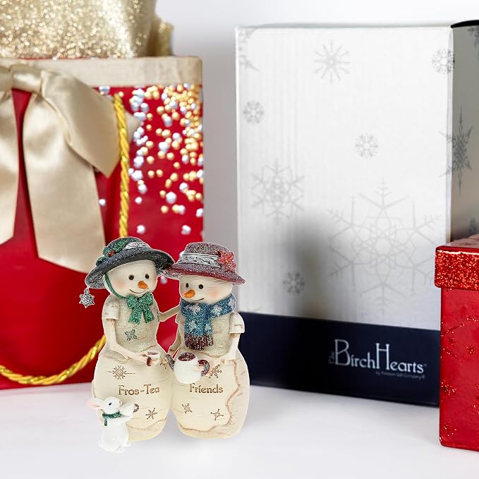 Pavilion Gift Company - Fros-Tea Friends - 4.5" Hand Painted Resin The BirchHearts Collectible Double Snowman Figurine Decorative Holiday Christmas Decor Statue Bunny Rabbit Tea Lover