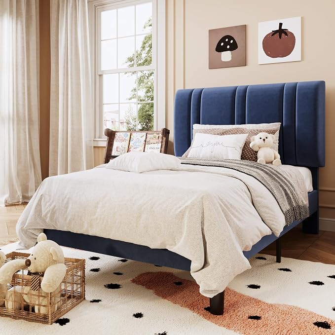 SHA CERLIN Twin Size Velvet Bed Frame with Adjustable Headboard, Blue | Vertical Channel Tufted Design, Upholstered Platform Bed, Wood Slats Support/No Box Spring Needed/Easy Assembly