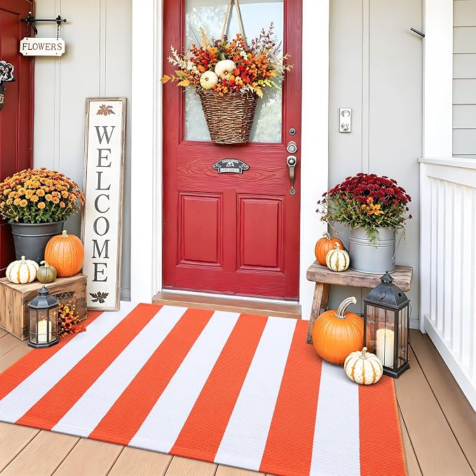 OLANLY Orange and White Striped Rug 3' x 5' | Washable Cotton Indoor Outdoor Doormat for Front Door, Entryway, Kitchen, Porch, Patio Decor