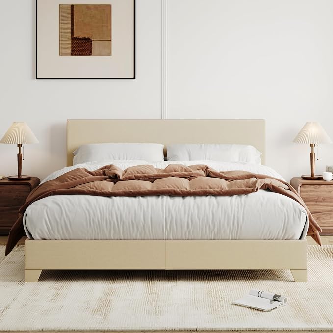 Allewie Queen Size Upholstered Bed Frame Adjustable Headboard, Beige | Platform Bed with Heavy Duty Mattress Foundation, Noise-Free, Easy Assembly, Wood Slat Support, No Box Spring Needed