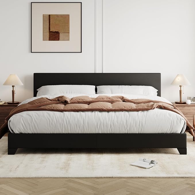 Allewie King Size Faux Leather Bed Frame, Adjustable Headboard, Black | Platform Bed with Heavy Duty Mattress Foundation, Noise-Free, Easy Assembly, Wood Slat Support, No Box Spring Needed