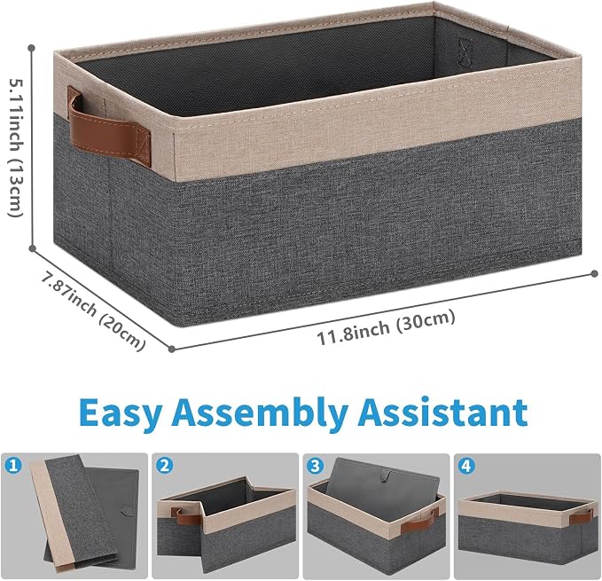 GhvyenntteS Small Fabric Storage Bins 12 Pack, 11.8" x 7.87" x 5.11" Storage Basket with Leather Handles, Closet Storage Bins for Shelves, Storage Baskets for Shelves, DVD Storage (Grey&Beige Yellow)