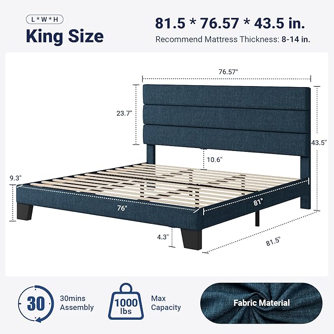 Allewie King Size Platform Bed Frame with Fabric Upholstered Headboard Blue | Wooden Slats Support, Fully Upholstered Mattress Foundation, No Box Spring Needed, Easy Assembly, Noise-Free, Blue