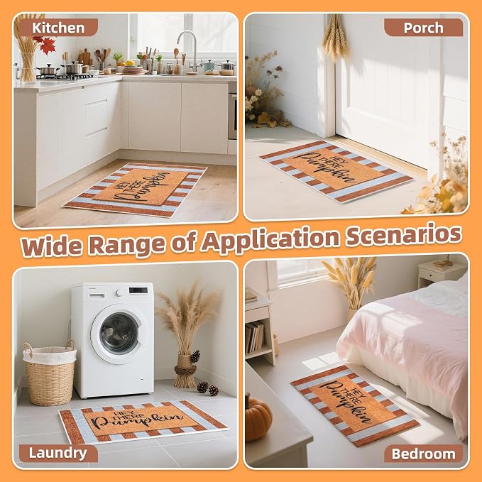2 Pcs Fall Doormat Hey There Pumpkin Door Mat Fall Non Slip Coir Mats Floor Striped Mat Layering Doormats Seasonal for Thanksgiving Autumn Doormats Front Porch Entryway Decor 23.6 x 31.5 Inch