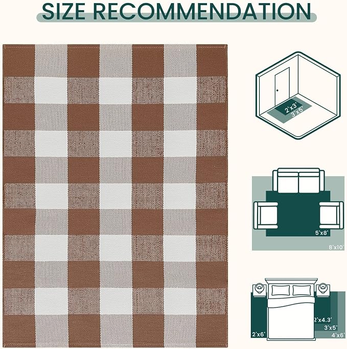 KOZYFLY Buffalo Plaid Area Rugs 2x3 Ft Brown and White Rug Washable Front Door Mat Woven Cotton Indoor Outdoor Rug for Front Porch Kitchen Entryway Patio Farmhouse Checkered Doormat