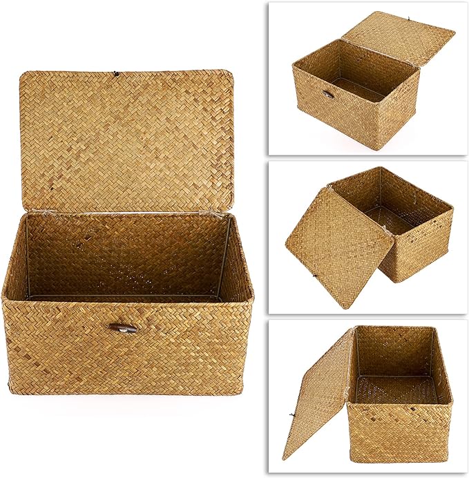 Hipiwe Wicker Shelf Baskets Bin with Lid Woven Seagrass Storage Box, Large | Decorative Basket Organizer Rectangular Household Basket Boxes for Shelf Wardrobe Home Decor, Caramel