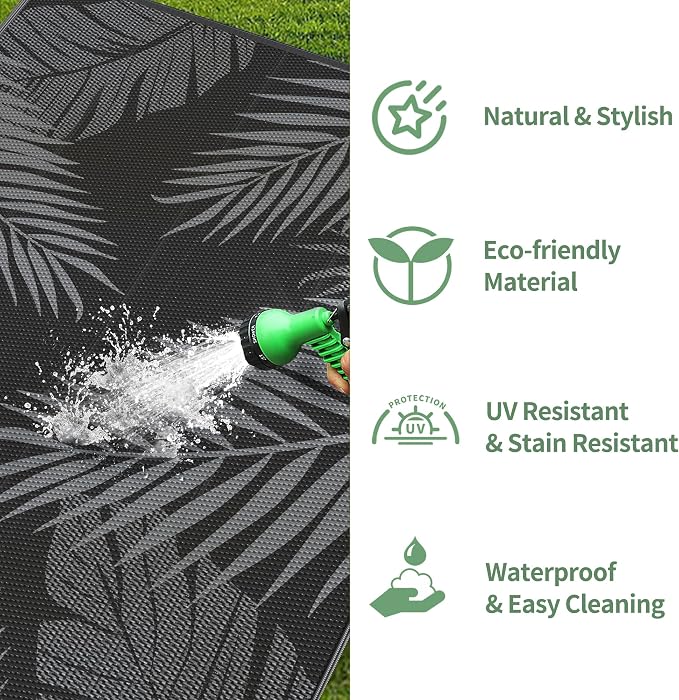 GENIMO Outdoor Rug, Waterproof Plastic Rugs for Patio, 5'x8' Black Grey | Outside Larger Leaf Carpet Mat for Porch Decor, Deck, Balcony, Camping, RV, Backyard, Picnic, Beach, Reversible, Foldable