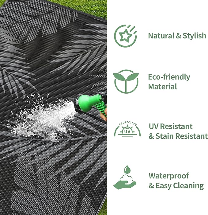 GENIMO Outdoor Rug, Waterproof Plastic Rugs for Patio, 6'x9' Black Grey | Outside Larger Leaf Carpet Mat for Porch Decor, Deck, Balcony, Camping, RV, Backyard, Picnic, Beach, Reversible, Foldable