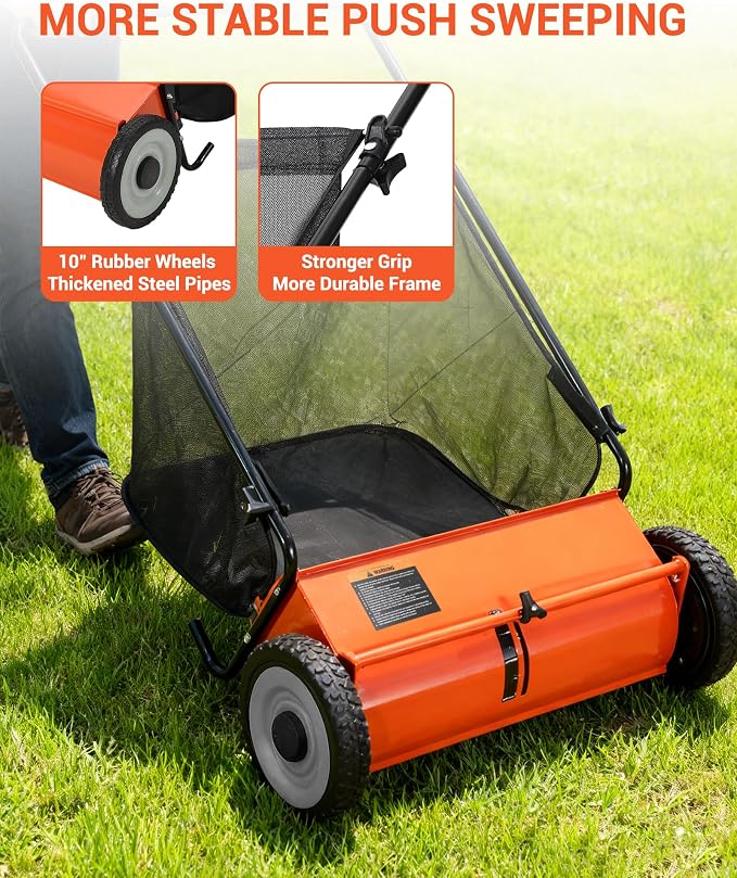 Push Lawn Sweeper for Leaves, 26" Width Heavy Duty Steel Frame Grass Catcher with 7 Cu. Ft. Hopper Bag & 4 Spinning Brushes for Yard and Garden Cleanup, Orange