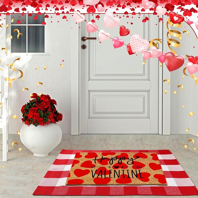Moucuny 2 Pcs Valentine's Day Coir Welcome Doormat Valentine's Day Rug Outdoor Layered Buffalo Plaid Red and White Mat Red Heart Mat for Front Porch Outdoor Entryway
