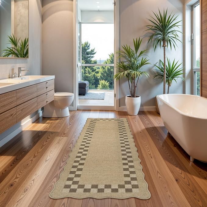 LIVEBOX Easy Jute Checkered Runner Rug for Kitchen, Scalloped Washable 2x6 Tan Rugs for Entryway, Geometric Indoor Outdoor Non Slip Rug Farmhouse Carpet Door Mat Area Rug for Porch Bedroom Hallway