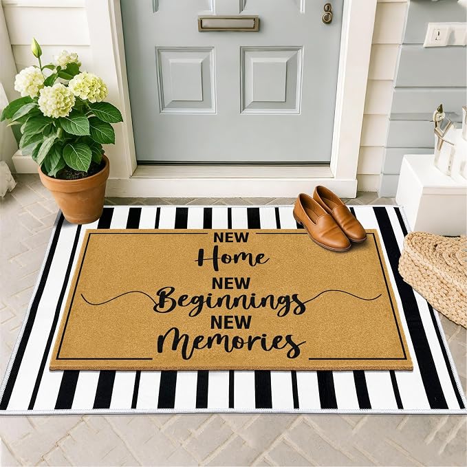 2 Pcs Coir Door Mat Welcome Mats for Front Door Porch Black White Layering Rug for Outside Entrance Non Slip New Home Area Rugs for Outside Patio Housewarming Gift Idea for Family Friends 23.6"x35.4"
