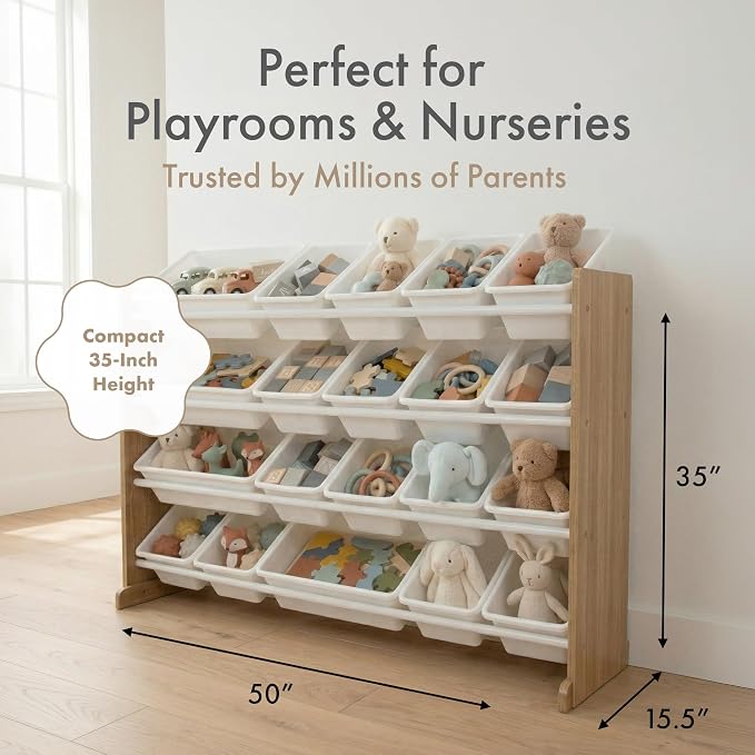 Humble Crew Kids Toy Organizer with 20 Bins, 4 Tier Storage for Playroom | Sturdy wood and steel toddler shelf, removable BPA-free containers, wall anchor anti-tip safety kit for bedroom or classroom