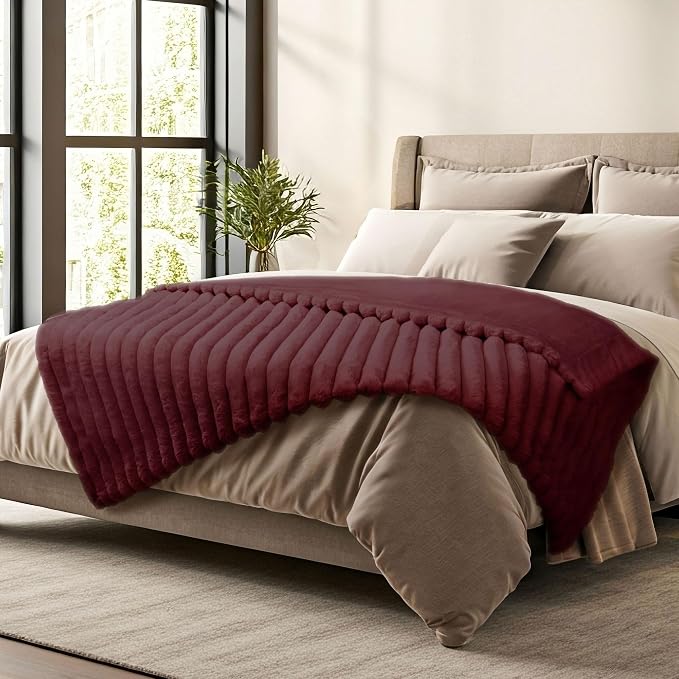 DEZ FURNISHINGS Luxury Reversible Textured Stripe Faux Fur & Velvet Throw Blanket, Throw XL (50" x 70"), Burgundy Red