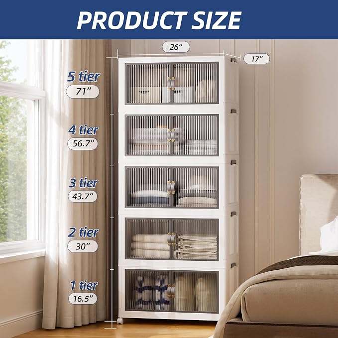 SAILUN 580Qt Stackable Storage Bins,Storage Cabinet Drawer with a Lid,White | Stackable storage drawers with lids, 26" W x 17" D x 71" H, featuring open-front access for clothes and closet storage.