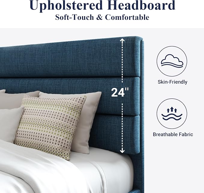 Allewie King Size Platform Bed Frame with Fabric Upholstered Headboard Blue | Wooden Slats Support, Fully Upholstered Mattress Foundation, No Box Spring Needed, Easy Assembly, Noise-Free, Blue