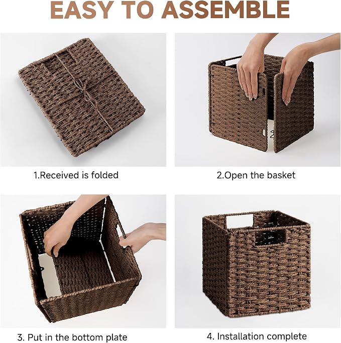 StorageWorks 9 inch Cube Storage Bins,Wicker Baskets for Storage,Brown | 2-Pack,Handwoven Wicker Storage Cubes,Paper Rope Square Cube Organizer Bins,Foldable,Baskets for Organizing,9x9 Storage Cube