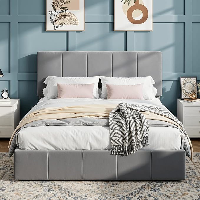 SHA CERLIN Queen Bed Frame, Velvet Upholstered Platform Bed, Vertical Channel Tufted Adjustable Headboard, Low Profile Bed Frame, No Box Spring Needed, Easy Assembly, Grey