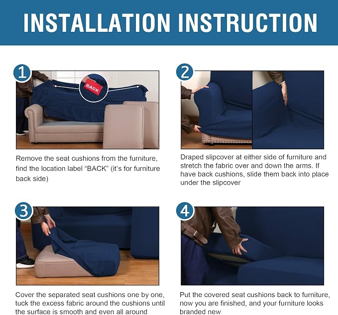 4 Piece Stretch Sofa Covers for 3 Cushion Couch Covers Furniture Slipcovers for Living Room (1 Base Cover Plus 3 Seat Cushion Covers) Thicker Jacquard Fabric Cover (XL Sofa, Navy)