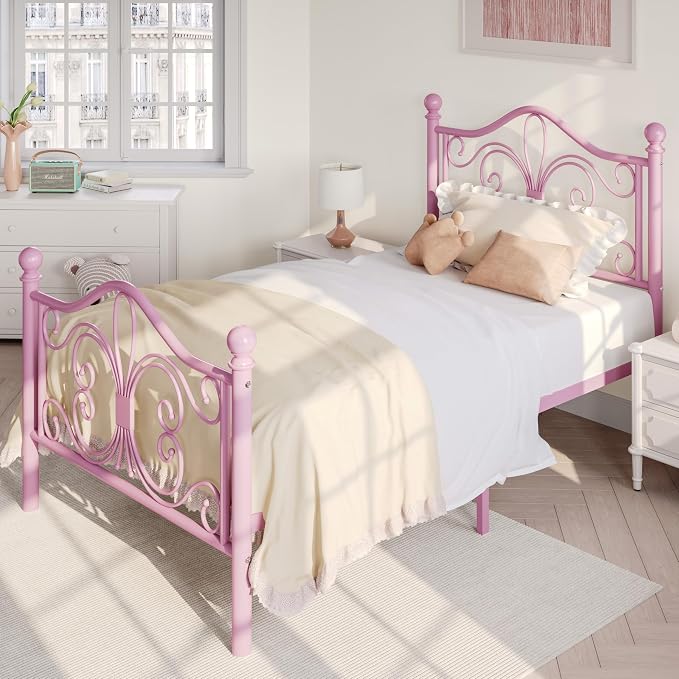 SHA CERLIN Twin Size Metal Bed Frame with Butterfly Headboard, Pink | Metal Platform Bed for Kids, Wrought Iron-Art Headboard/Footboard, Under-Bed Storage, No Box Spring Needed, Easy Assembly