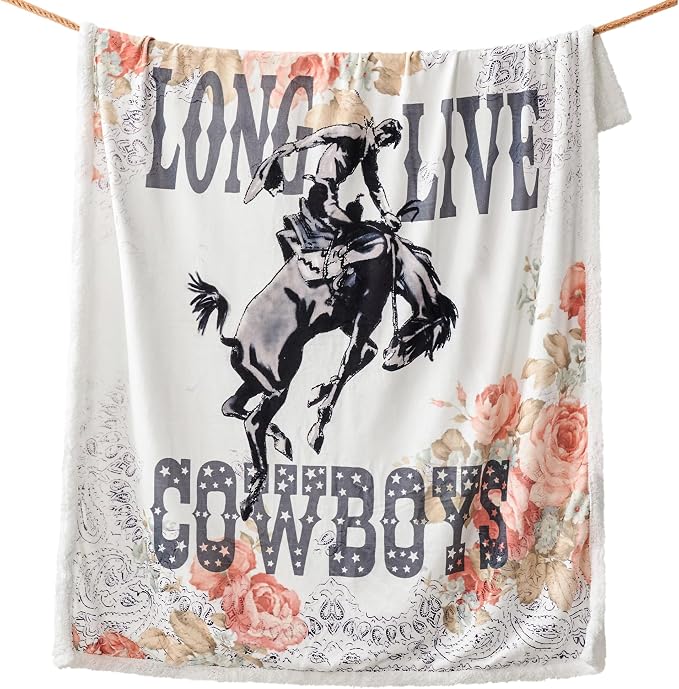Indigo Hill by HiEnd Accents Rodeo Revival Sherpa Throw Blankets, Long Live Cowboys Floral Medallion Print Western Blanket for Camping, Rustic Southwest Southwestern Fleece Blanket, 54x68 inch