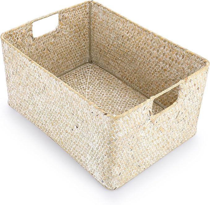 Hipiwe Wicker Shelf Baskets Seagrass Storage Opened Baskets Bin with Handle | Rectangular Closet Bedroom Basket Organizer Box, Multipurpose Woven Basket Home Organizer, Whitewash 14.6"x 10.6" x 7"