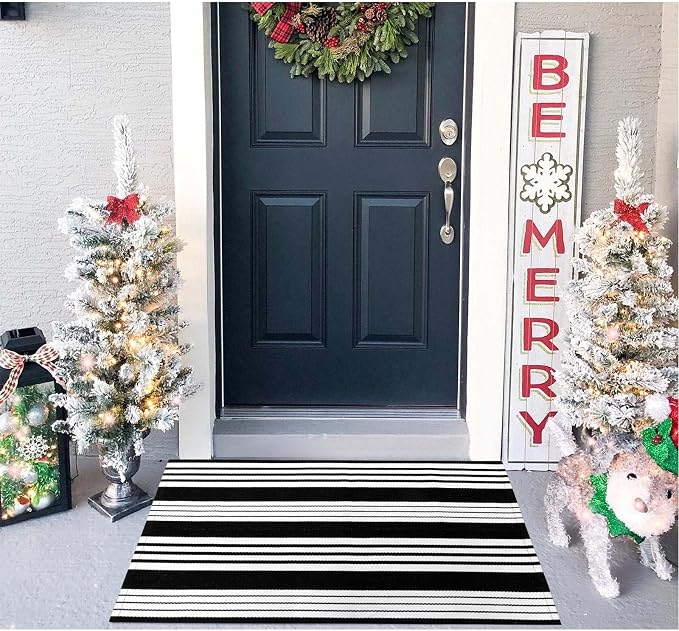 OJIA Front Door Mat 24"x35" Black and White Outdoor Rugs Front Door Rug | Washable Entryway Rug Cotton Woven Indoor Outdoor Doormat Small Area Rugs Layered Doormat for Porch/Outside Entrance Decor