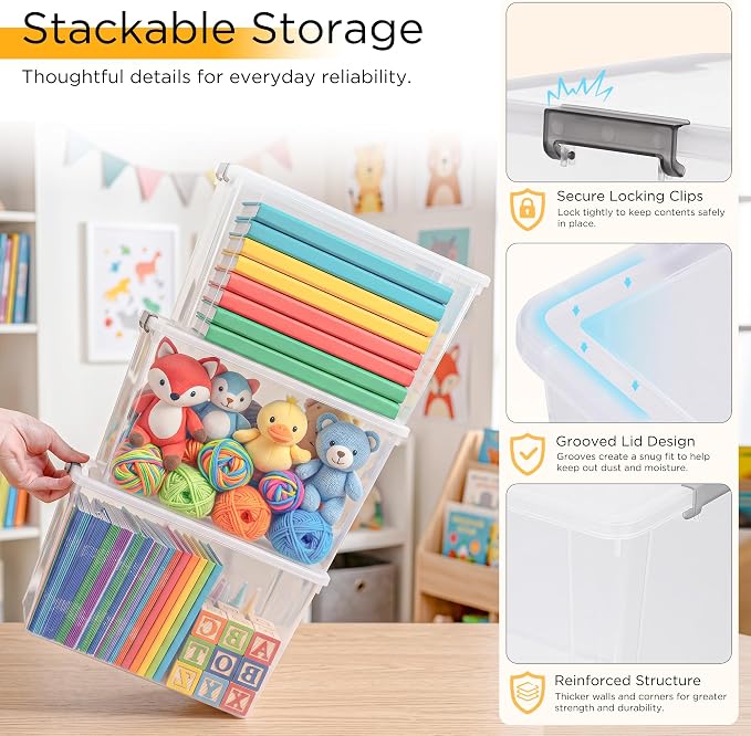 Citylife 6Packs 7.8Qt Plastic Storage Bins with Lids, Clear Organizer | Stackable totes Containers for Craft Supplies, Documents,Garage,Toys,Office and Classroom