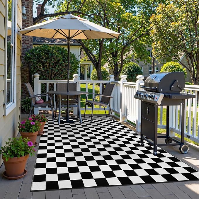 Seavish Checkered Rug, 5x8 Ft Black and White Checkerboard Outdoor Rug | Retro Lightweight Washable Area Rug, Rustic Floor Carpet Decor for Living Room Bedroom Dining Room Patio Porch