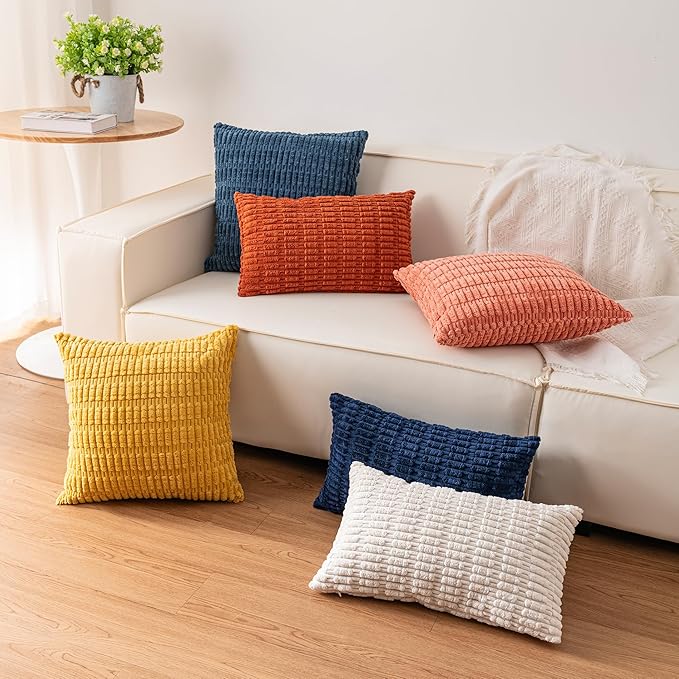 Pack of 2 Corduroy Decorative Throw Pillow Covers 16x16 Inch Soft Striped Pillow Covers Modern Farmhouse Home Decor for Sofa Living Room Couch Bed（Black）
