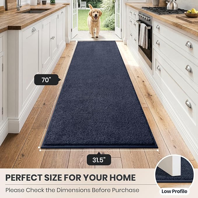 PURRUGS Dirt Trapping Door Mat 31.5" x 70", Non-Slip Machine Washable Entryway Rug, Dog Doormat, Indoor Front Door Mat, Super Absorbent Entry Rug for Muddy Shoes & Paws, Navy Blue