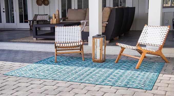 Unique Loom Outdoor Trellis Collection Area Rug - Tribal Trellis (10' x 14' 1" Rectangle, Teal/ Ivory)