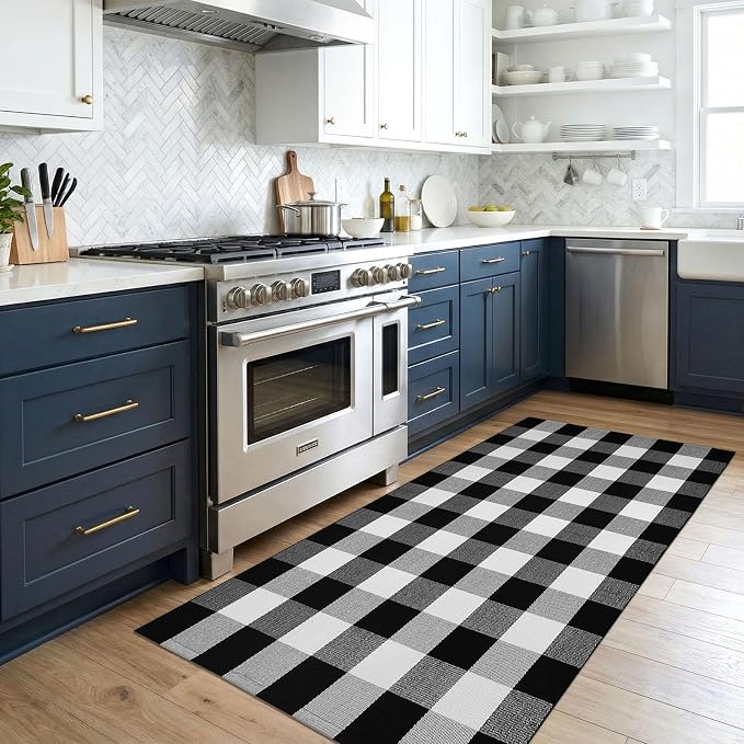 KOZYFLY Buffalo Plaid Area Rugs 3x5 Ft Black and White Checkered Rug Washable Front Door Mat Hand Woven Cotton Outdoor Rug Large Rug for Front Porch Kitchen Entryway Patio Bathroom