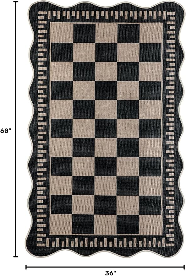 EDIMENS Scalloped Outdoor Rug 3x5 Jute Front Porch Patio Entry Entryway Rug | Checkered Front Door Mat Small Non-Slip Washable Area Rug Carpet Low Pile Black Indoor Farmhouse Doormat for Entrance Doorway