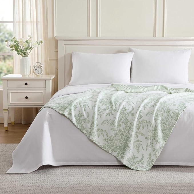 Laura Ashley - Reversible Throw Blanket, 50 x 70, Ultra Soft Plush Blanket for Blanket for Bed & Couch, Cozy Decorative Throw, Toile Delight Green
