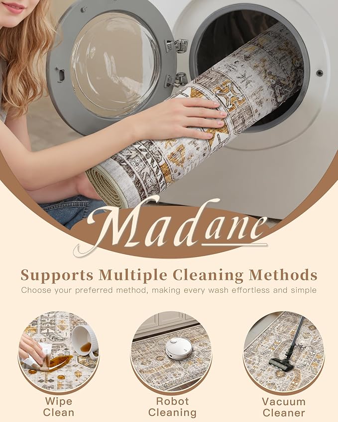 Madane Hallway Runner 3x8, Kitchen Rugs Washable Entryway Rug Vintage Kitchen Runners Non Slip Indoor Area Rug Farmhouse Carpet Runner for Bathroom Living Room Bedroom (3 X 8, Brown/Gold)