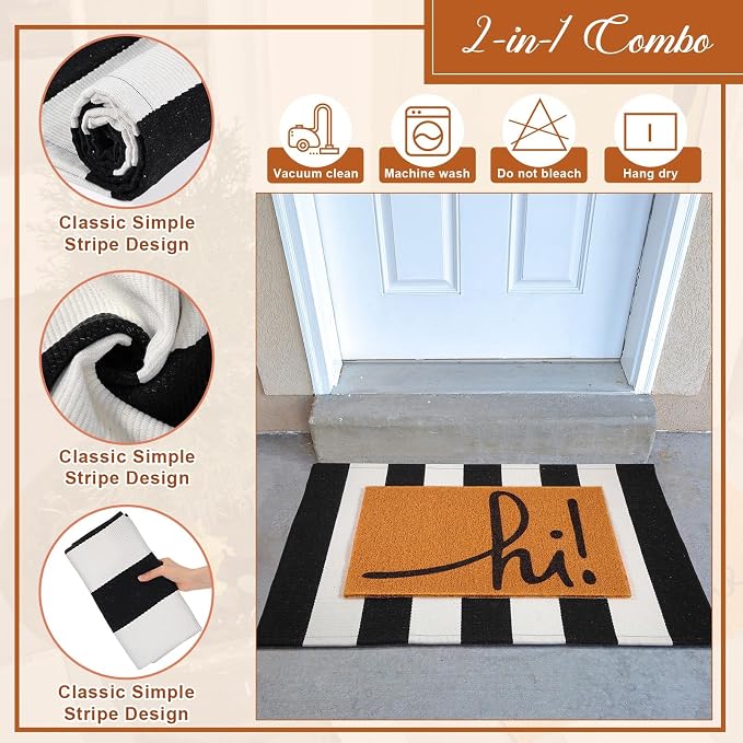2 Pcs Outdoor Door Mat Combo Set Layered Outdoor Rug and Coir Welcome Doormat Non Slip Outside Floor Mat for Front Porch Entryway Patio Yard Decor(Hi,24'' X 35'',24'' X 16'')