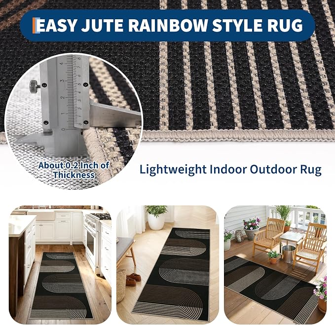 GarveeHome Modern Rainbow Easy Jute Runner Rug, 2x6 Runner Rug for Hallways - Non-Slip Indoor Outdoor Carpet, Washable for High Traffic Laundry Room, Kitchen, Entryway