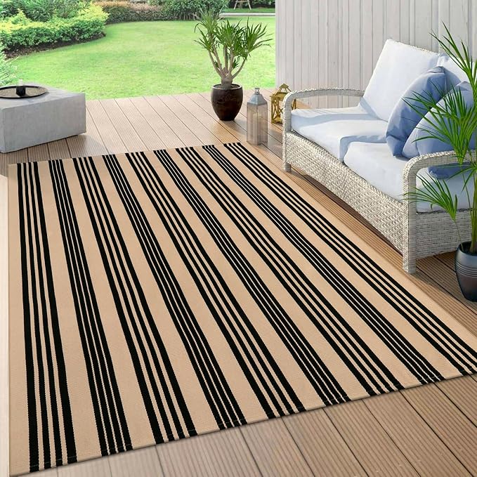 OJIA Outdoor Patio Rug 5'x7', Black and Tan Striped Outdoor Rugs Washable | Machine Washable Area Rugs Cotton Hand Woven Indoor Outdoor Rugs for Bedroom/Living Room/Front Porch/Deck/Backyard/Camping