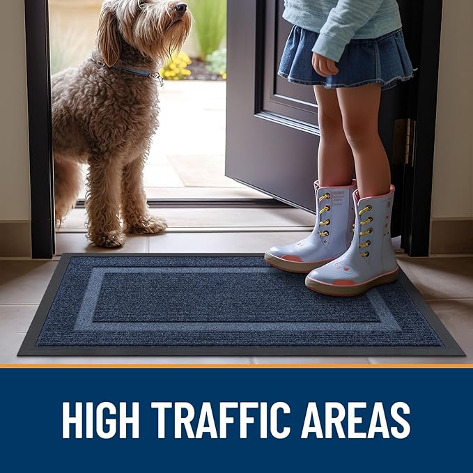 OLANLY Front Door Mat Indoor Outdoor Entrance, Waterproof All-Season, All-Weather Doormat, Sturdy Natural Rubber, Fade Resistant, Low Profile, Easy Clean Patio Porch Entryway Mat, 59x40, Blue