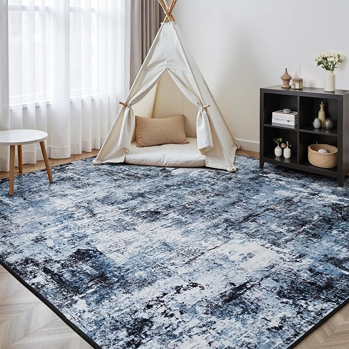 Rugflix 10x14 Area Rugs for Living Room, Washable Large Rug Stain-Resistant Low Pile, Modern Dark Carpet for Dining Room Home Office Kid Room Nursery Bedroom, Navy Blue/Black